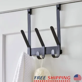 Gancho para sobre la puerta con 3 ganchos dobles, toalla, bata, almacenamiento de ropa, instalación sin herramientas de acero negro mate