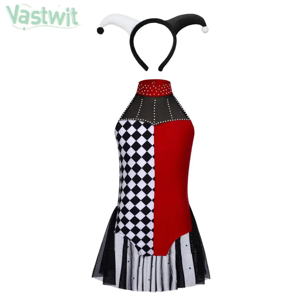 Disfraz divertido de payaso de circo para niñas, vestido de leotardo de malla con diamantes de imitación sin mangas y tocado para Halloween, Carnaval, Cosplay