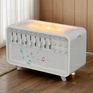 Máquina de sonido para dormir con ruido blanco, difusor de aire con llama, humidificador, altavoz BT, luz nocturna, difusor de aceites esenciales para dormitorio