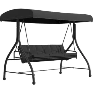 Tellis Hamaca con dosel para patio convertido de acero para exteriores de 3 asientos con cojines/cama columpio para exteriores (negro)