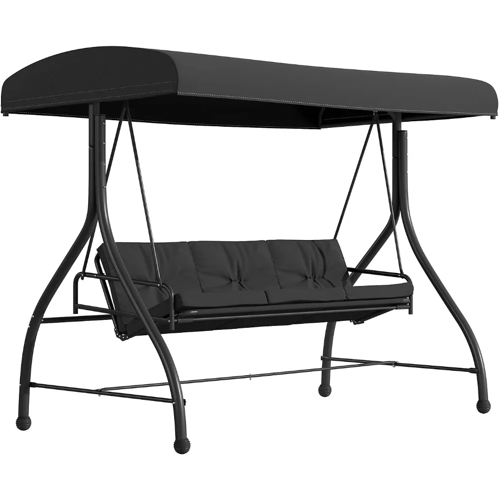 Tellis Hamaca con dosel para patio convertido de acero para exteriores de 3 asientos con cojines/cama columpio para exteriores (negro)