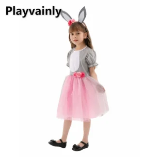 Disfraz de escenario actuación escolar para niñas, Dree de malla de manga corta abombada gris + tocado con orejas de conejo, ropa para niños, fiesta de Halloween A34782