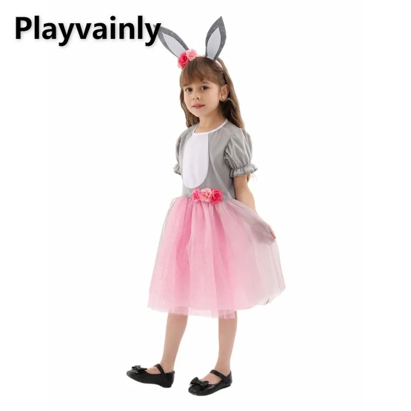 Disfraz de escenario actuación escolar para niñas, Dree de malla de manga corta abombada gris + tocado con orejas de conejo, ropa para niños, fiesta de Halloween A34782