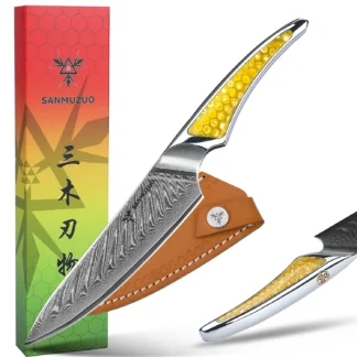 SANMUZUO Cuchillo utilitario Damasco de 5 pulgadas - Cuchillo de chef de cocina de acero con núcleo de VG-10 serie LAS9 - Mango de resina para carne de frutas y verduras