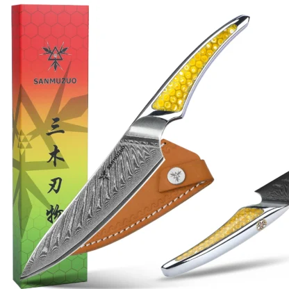 SANMUZUO Cuchillo utilitario Damasco de 5 pulgadas - Cuchillo de chef de cocina de acero con núcleo de VG-10 serie LAS9 - Mango de resina para carne de frutas y verduras