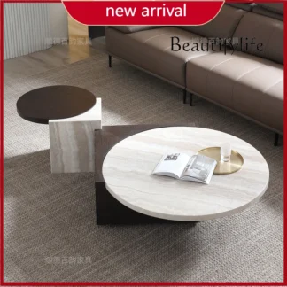 Mesa de centro de mármol travertino amarillo para habitación modelo Villa C, combinación de mesa de centro de tamaño creativo de diseñador para el hogar