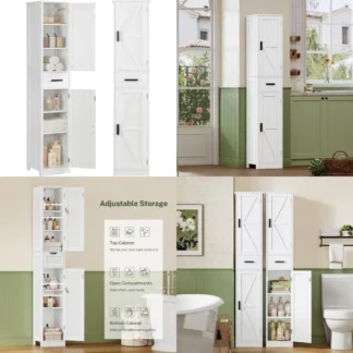 Gabinete de almacenamiento para baño de 67 pulgadas de alto con 6 estantes y 1 cajón, estantería ajustable para espacios compactos