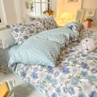 Juego de ropa de cama de algodón puro de cuatro piezas con funda nórdica, Sábana, funda de almohada, tamaño King Queen, tamaño doble, funda de edredón Floral pequeña