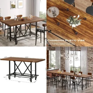 Mesa de bar de estilo industrial de 63 pulgadas de alto con reposapiés de metal y tapa de madera rectangular para cocina y comedor