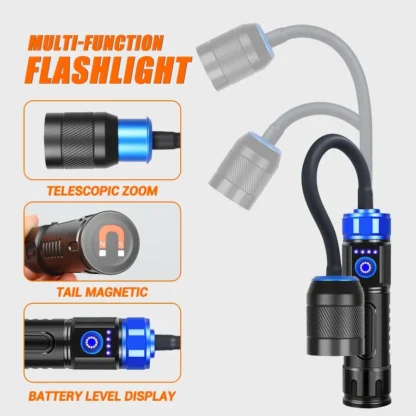 360 ° Linterna LED con Base magnética ajustable, luz de trabajo, Banco de energía portátil recargable, 3 modos, reparación de pesca para acampar al aire libre
