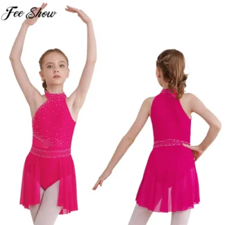 Vestido de leotardo de danza lírica moderna para niñas, sin mangas, mono de malla con diamantes de imitación brillantes para patinaje, Ballet, gimnasia, acrobacias