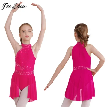 Vestido de leotardo de danza lírica moderna para niñas, sin mangas, mono de malla con diamantes de imitación brillantes para patinaje, Ballet, gimnasia, acrobacias