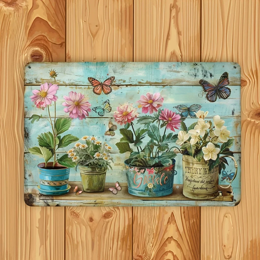 Placa de estaño de metal de jardín floral vintage, adecuada para decoración de pared en casas, oficinas, cafeterías y espacios al aire libre -2D