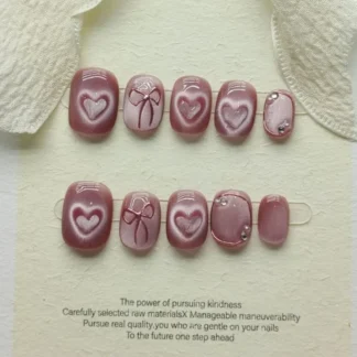 10 Uds. De uñas rosas hechas a mano con purpurina, ojo de gato con diseño de corazón, cobertura completa corta, puntas de uñas postizas acrílicas para mujeres y niñas