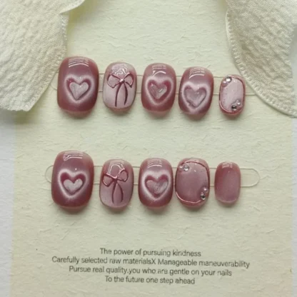 10 Uds. De uñas rosas hechas a mano con purpurina, ojo de gato con diseño de corazón, cobertura completa corta, puntas de uñas postizas acrílicas para mujeres y niñas