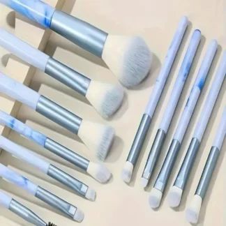 Juego de brochas de maquillaje azules de 10/12 piezas - Puff en polvo y almohadilla de limpieza - Pinceles sintéticos para polvos y rubor