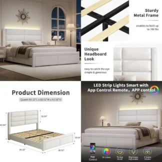 Marco de cama tapizado de piel sintética moderno con cabecera iluminada por LED y soporte de listones de madera para uso resistente