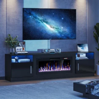 Soporte para TV con chimenea eléctrica de 36 pulgadas, televisores de hasta 90", centro de entretenimiento con luz LED, chimenea moderna de madera de alto brillo de 80" con