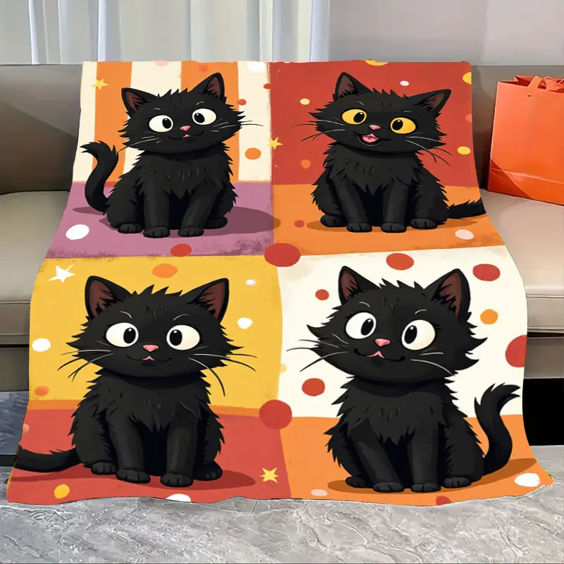 Manta de franela con estampado de gato negro, manta polar para decoración acogedora del hogar, 1 ud.