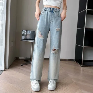 Pantalones de pierna ancha de mezclilla degradada para niñas, niños medianos y grandes