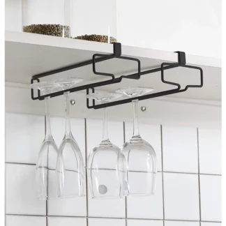 Soporte para copas de vino, 2 uds., estante para copas, colgador debajo del gabinete, estante para copas de vino, estante de almacenamiento de vidrio colgante para cocina, organizador negro