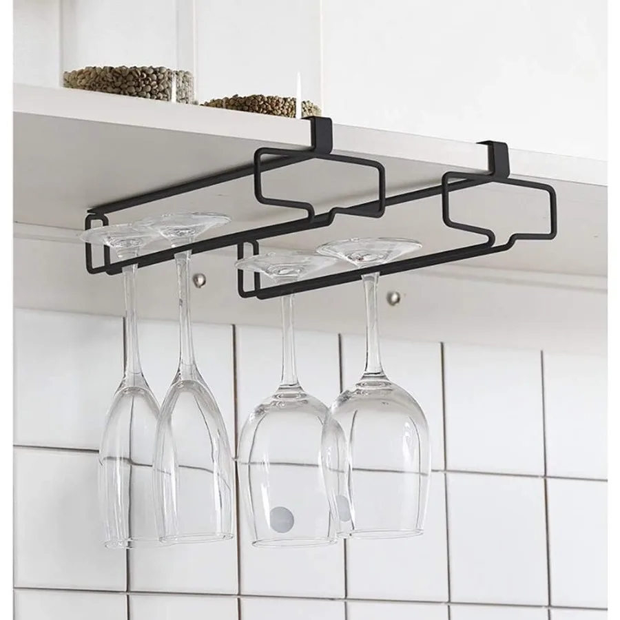 Soporte para copas de vino, 2 uds., estante para copas, colgador debajo del gabinete, estante para copas de vino, estante de almacenamiento de vidrio colgante para cocina, organizador negro