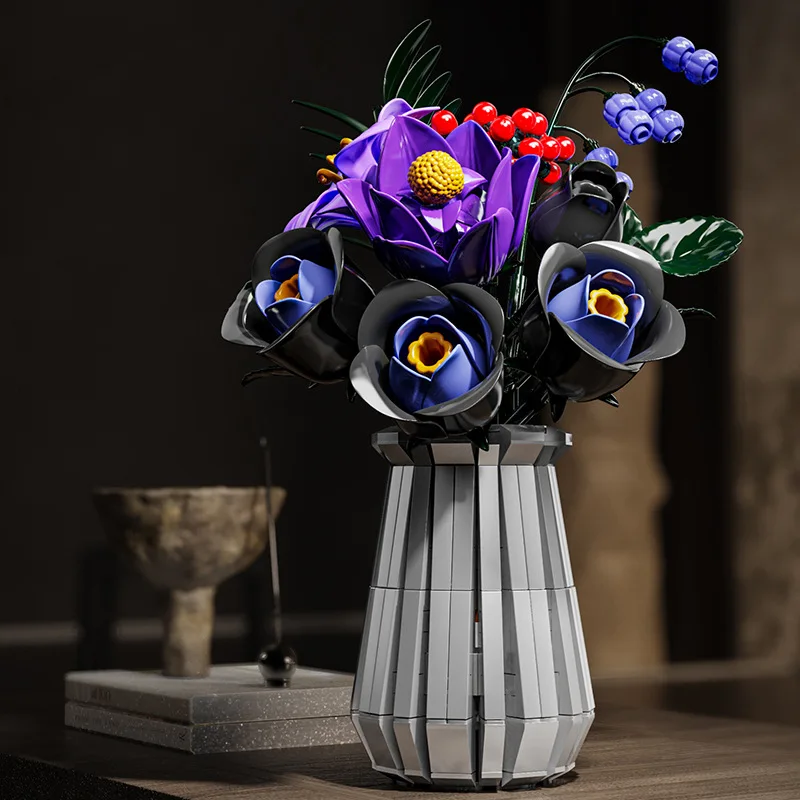Juego de construcción de ramo de flores, juguetes de flores artificiales botánicas moradas, decoración gótica, regalo de cumpleaños para el Día de San Valentín (836 Uds.)