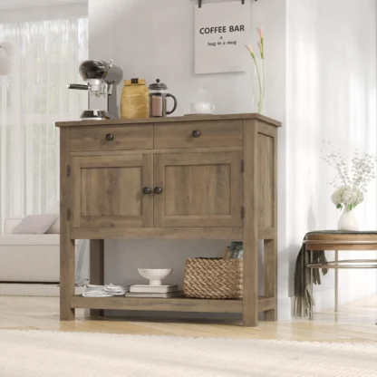 Mesa consola de granja con gabinete de 2 puertas y 2 cajones, cafetería, mesa de entrada con estante de almacenamiento, mesas de sofá Buffet