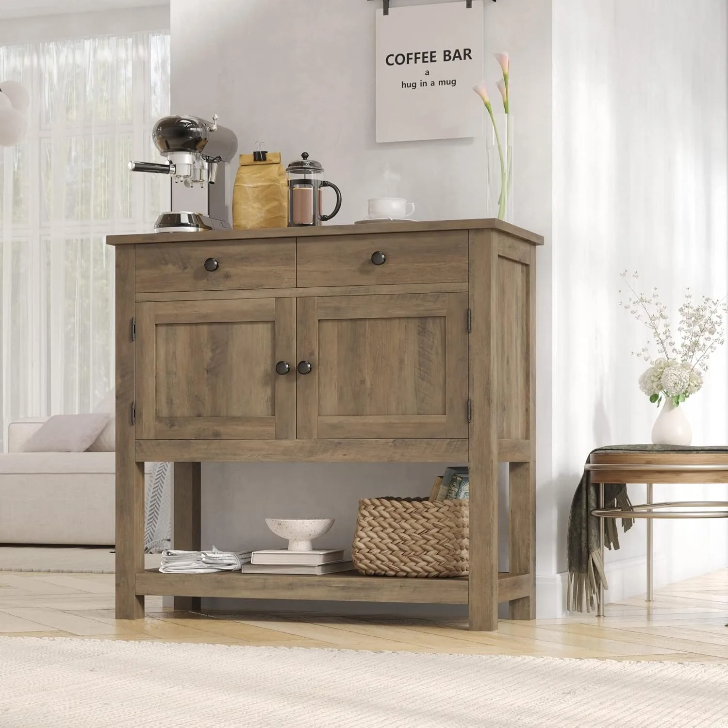 Mesa consola de granja con gabinete de 2 puertas y 2 cajones, cafetería, mesa de entrada con estante de almacenamiento, mesas de sofá Buffet