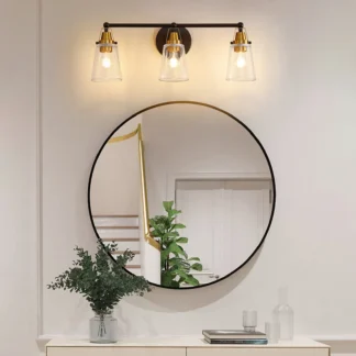 Lámpara de tocador de baño moderna de 3 luces, color negro y bronce, con pantalla de cristal transparente, apliques de pared E26 sobre espejo para sala de estar y dormitorio