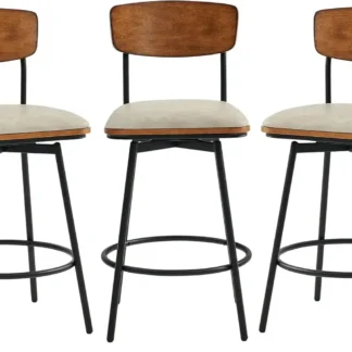 Taburetes de bar giratorios con altura de mostrador y respaldo, taburetes de bar tapizados de piel sintética, juego de 3, altura de asiento de 27", gris arena