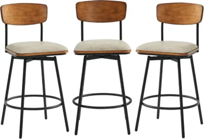Taburetes de bar giratorios con altura de mostrador y respaldo, taburetes de bar tapizados de piel sintética, juego de 3, altura de asiento de 27", gris arena
