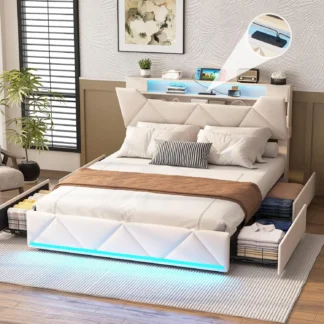 Marco de cama Vabches Queen con cabecero de almacenamiento y 4 cajones, plataforma tapizada, marco de cama con estación de carga y luces LED para dormitorio