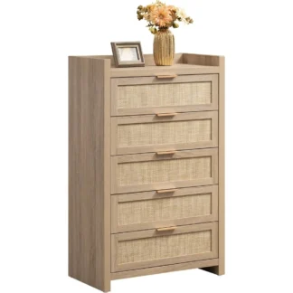 SICOTAS Cómoda para dormitorio Cómoda 46 Cómoda alta para armario con 5 cajones de ratán Mesita de noche bohemia Ropa grande Sto