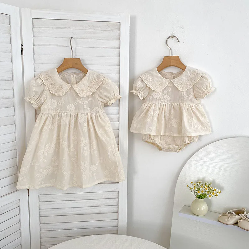 Conjunto de vestido mameluco de verano para niñas, traje a juego con bordado Floral de manga corta para hermanas infantiles, ropa de princesa de algodón
