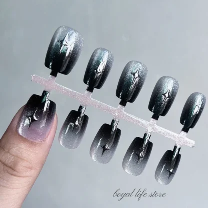 10 Uds. De uñas postizas 3D Smoky Nights Cat Eye, puntas de uñas prensadas en uñas, gel suave, uñas cortas, uñas postizas hechas a mano
