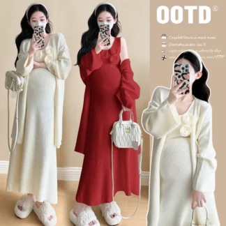 Conjunto de maternidad Otoño Cárdigan de punto premium con tirantes florales Vestido ajustado Traje de dos piezas para mujeres embarazadas de moda