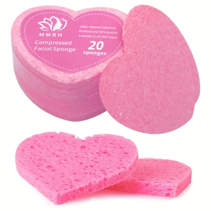 20 esponjas faciales con forma de corazón, almohadillas de limpieza Facial naturales comprimidas, exfoliantes para limpieza reutilizable