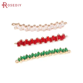 Dijes de latón y circón para mujer, accesorio de Color dorado de 18K, 4 piezas, 2 agujeros, curvados, rectangulares, para hacer pulseras, Diy