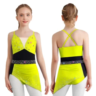 Traje de gimnasia rítmica para patinaje artístico para niñas, tirantes finos, diamantes de imitación brillantes, vestido de baile lírico de Ballet, leotardo