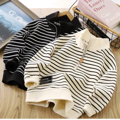 Sudadera a rayas para niños, jersey informal para niñas, Tops grandes con solapa y cremallera, ropa deportiva para niños de 4 a 14 años, primavera y otoño
