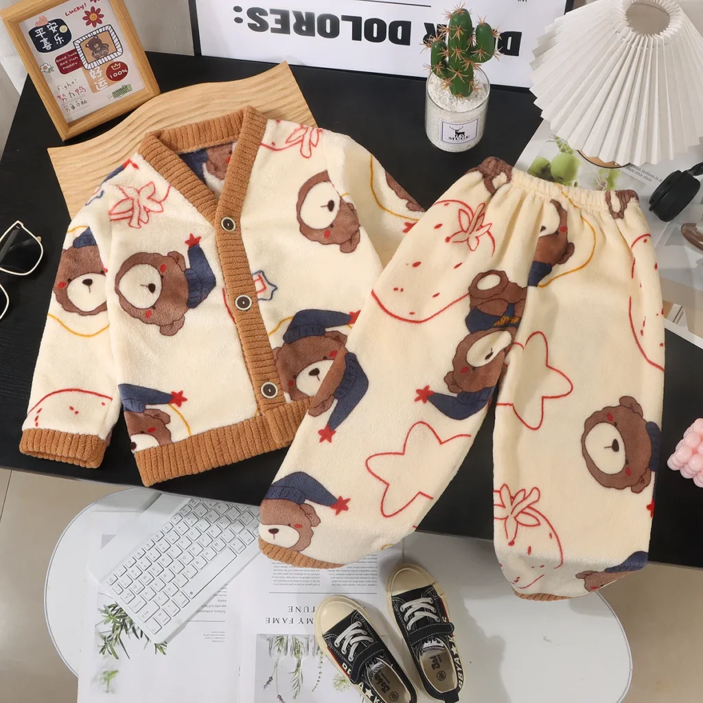Conjuntos de pijamas de franela gruesos y cálidos para niños, abrigo con cuello en V y pantalones con dibujos de oso y conejo, ropa de casa informal para niños y niñas, Otoño e Invierno