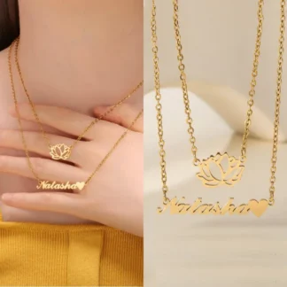 Collares con colgante de flor de loto con nombre personalizado para mujer, cadena de oro de acero inoxidable, collares de doble capa, joyería, regalos de navidad