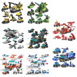 Mini tamaño 6 en 1 bloques de construcción DIY coche de policía camión de bomberos Castillo modelo ladrillos juguetes educativos para niños regalos