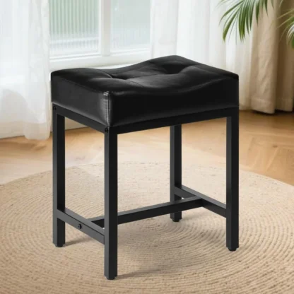 Silla de tocador de maquillaje con patas de metal, reposapiés de piel sintética en forma de U y taburete cuadrado pequeño