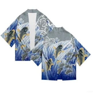 Cárdigan clásico de moda para hombre, kimono japonés con patrón de carpa estilo Ukiyo-e para mujer