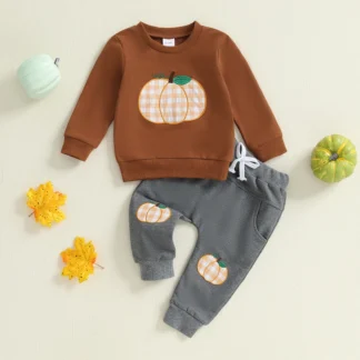 Ropa de Halloween para niño pequeño, jersey de manga larga con bordado de calabaza a cuadros, pantalones de cintura elástica, traje de otoño de 2 uds.