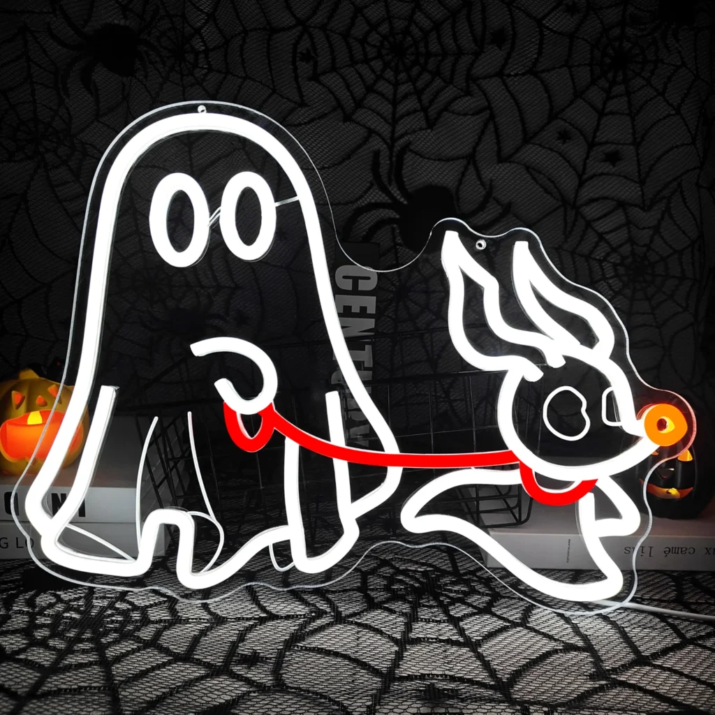 Letrero de neón de perro fantasma, luz de pared LED de Halloween con USB regulable, decoración espeluznante para mascotas para dormitorio, decoración de fiesta de Halloween de cueva de hombre