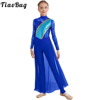 Mono de danza lírica para niñas, patinaje artístico, Ballet, Ropa de baile gimnástica, encaje Floral, manga larga, vestido de gasa con lentejuelas, leotardo