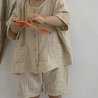 Ropa para niños, ropa para niños, 2 uds., blusa con bolsillo + pantalones cortos de lino, conjuntos informales de verano para niñas y niños pequeños, Tops con botones coreanos
